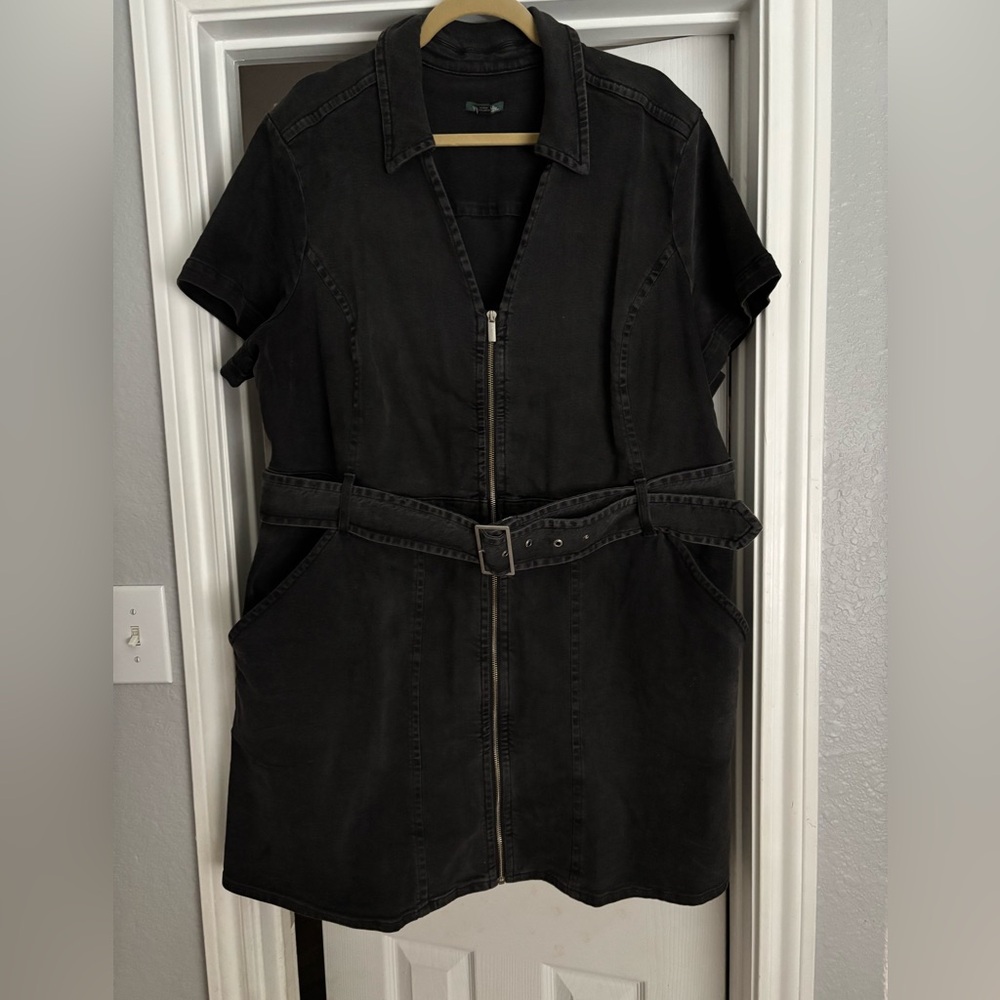 Black Denim Zip-Up Mini Dress with Belt